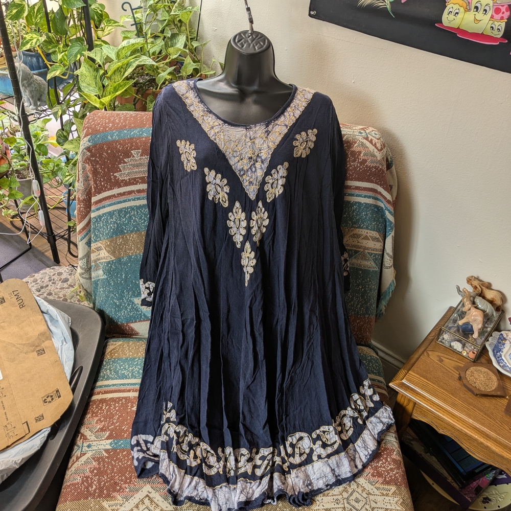 Navy Blue Bohemian Dress with White Embroidery